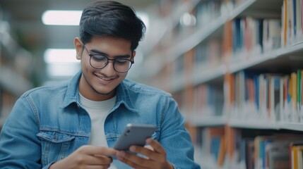A young individual engrossed in their smartphone amidst the vast collection of books in a library.