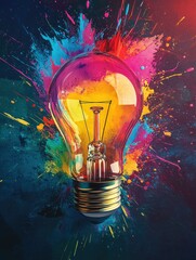 A stylized image featuring a light bulb with a glass enclosure, filled with incandescent bulbs and illuminated. The bulb is surrounded by an explosion of colorful paint splatters in vibrant hues of
