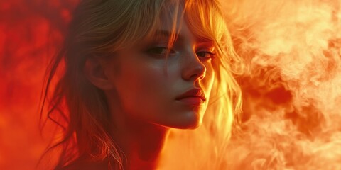 A close-up portrait of a woman with striking eyes looking off to the side, set against an artificial flame background.
