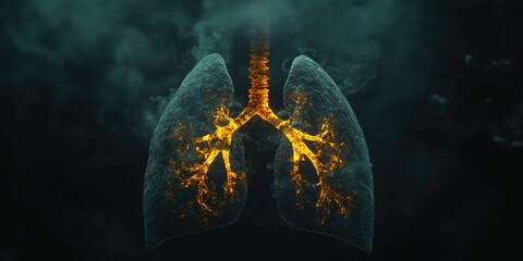 Stylized, medical-themed illustration featuring the silhouette of a human chest with the lungs highlighted in neon yellow and orange, set against a dark background that gives a sense of atmosphere or