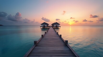 Obraz premium View of the island from the bridge. Luxury water villas, resort with wooden pier. Concept of rest and travel on the island. Paradise coast.