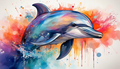 vibrant watercolor dolphin artwork with colorful splatters and artistic drips