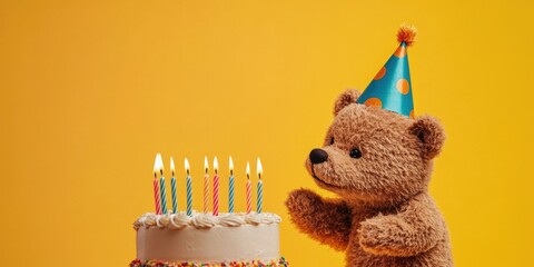 A charming image of a teddy bear sitting in front of a birthday cake with lit candles, ready for a celebration. The background is a warm yellow, providing a cheerful atmosphere.
