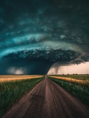 This image captures the dramatic and imposing sight of a massive storm cloud looming over a rural landscape. The dark, turbulent mass of clouds is a stark contrast to the open fields below, creating