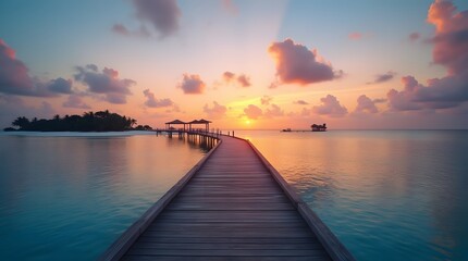 Pier leading to an island in the ocean at sunset. Concept of luxury travel away from civilization.