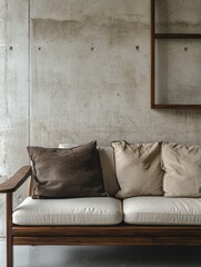The image depicts a modern living room interior with a neutral color palette. The furniture includes a light-toned sofa, a low-profile wooden coffee table, and a tall shelving unit with a dark finish.