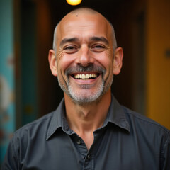 Obraz premium A cheerful adult man in a casual outfit smiling widely, standing against a vibrant orange backdrop, expressing genuine happiness and positive emotions, exuding warmth and joy