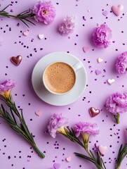 A steaming hot cup of coffee served in a café setting, decorated with pink flower petals and heart shapes. The latte sits against a purple background adorned with dots and more flowers and hearts.