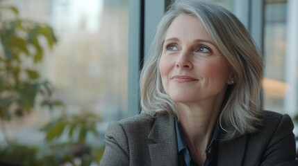A woman in a business suit and blonde hair looks intently into the distance, conveying an air of professionalism.