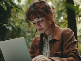 Stylish image of a woman engrossed in her laptop amidst nature, capturing a moment of modern work-life balance.