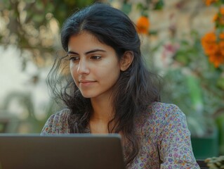 An image of a woman sitting at an outdoor cafe, working on her laptop. She is smiling and appears engaged in her task. The setting suggests a relaxed environment with greenery and a brick wall in the