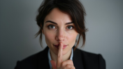 Silent Success – Businesswoman in Suit with Hush Gesture and Thoughtful Expression
