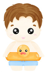 A boy wearing a rubber duck ring plays in the water.