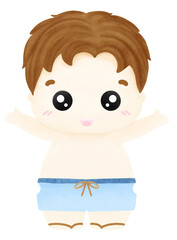 The boy is wearing blue shorts.