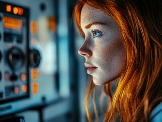 A young woman with red hair is the focal point of this image. She is in a high-tech laboratory setting, looking at a holographic display screen. Her expression conveys curiosity and concentration. The