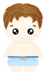 The boy is wearing blue shorts.