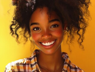 The image depicts a cheerful young lady smiling brightly at the camera against a vibrant yellow background. She has long, curly hair that frames her face beautifully. The lighting is warm and even,