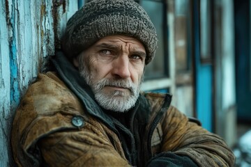 Tired man in dirty clothes leans on old building