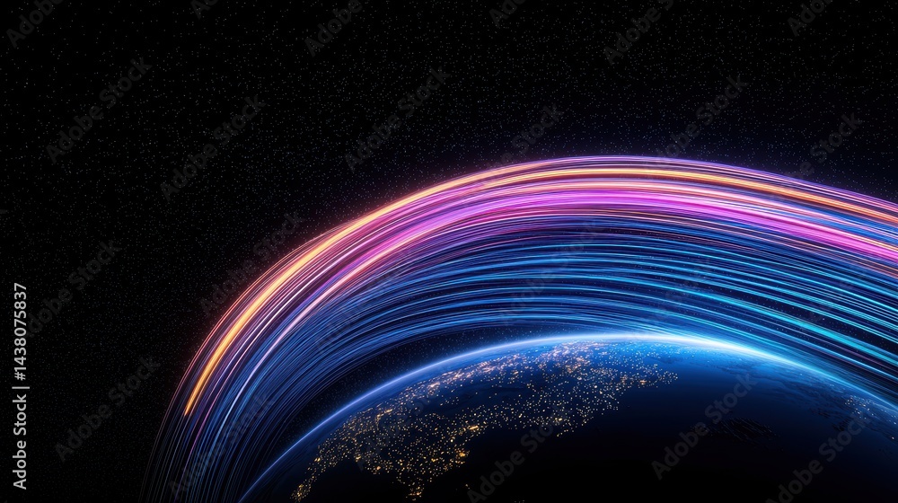 Poster globe global connectivity and networking earth with colorful lines representing submarine cable netw