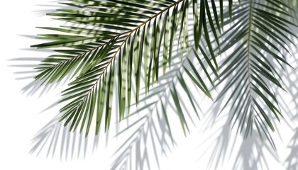 Fototapeta premium Palm Leaf Silhouette Against a Crisp White Canvas: A Tropical Impression with Shadow Play, creating a peaceful summer aesthetic