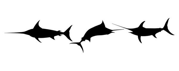 Swimming swordfish silhouette. Set of swordfish silhouettes on a white background.