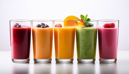 colorful fruity smoothies layered in glasses on white background