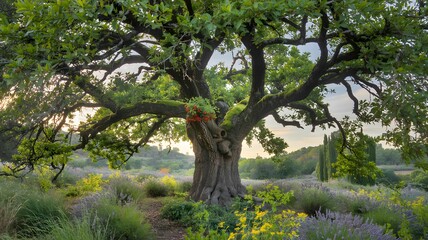 Fototapeta premium Majestic Oak Tree in a Lavender and Grass Garden