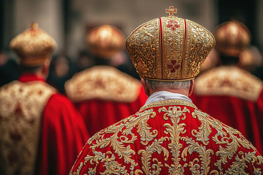 Ornate religious ceremony with clergy in red and gold vestments