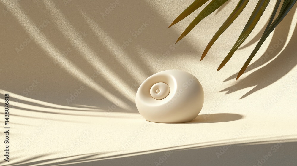 Poster a white sphere with a small circle in the center sits on a beige surface, with a palm leaf casting a