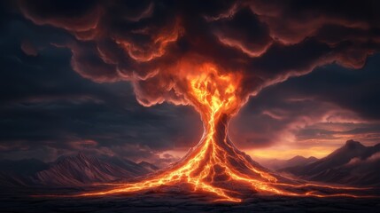 Fantasy Dragon Black dragon emerging from a volcano, molten lava flowing down its scales, fiery landscape, fantasy art