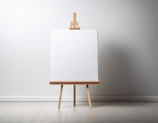 minimalist easel displaying blank canvas in an empty room isolated on white background