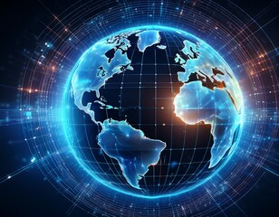 Naklejka premium futuristic digital globe with illuminated continents and data connections representing global communication and technology