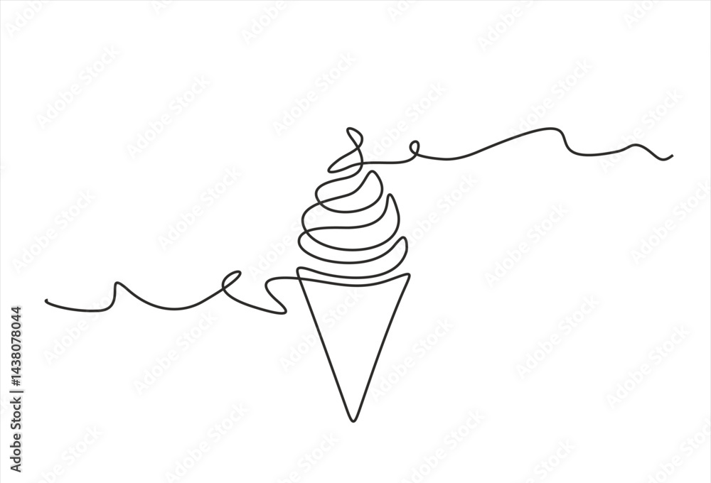 Poster ice cream in waffle cone in one continuous line drawing. symbol dessert gelato for menu and business