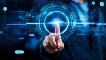 finger tapping on holographic button to start meeting showcasing modern technology and virtual interaction