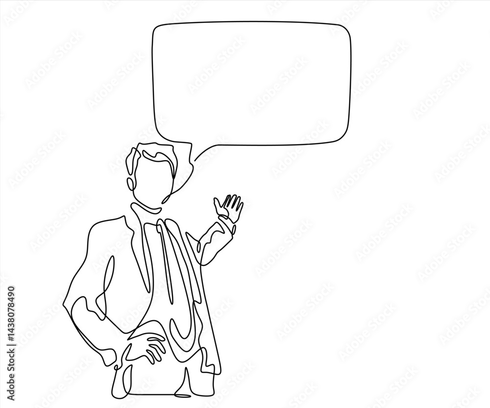 Aufkleber continuous line drawing of businessman with speech bubble is drawn by a single black line on a white