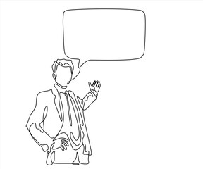Continuous line drawing of businessman with speech bubble is drawn by a single black line on a white background. Continuous line drawing. Vector illustration. Editable stroke.