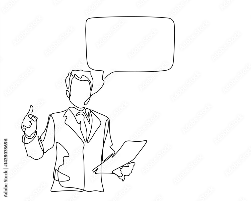 Aufkleber continuous line drawing of businessman with speech bubble is drawn by a single black line on a white