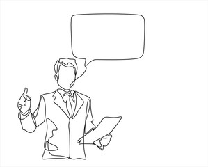 Continuous line drawing of businessman with speech bubble is drawn by a single black line on a white background. Continuous line drawing. Vector illustration. Editable stroke.