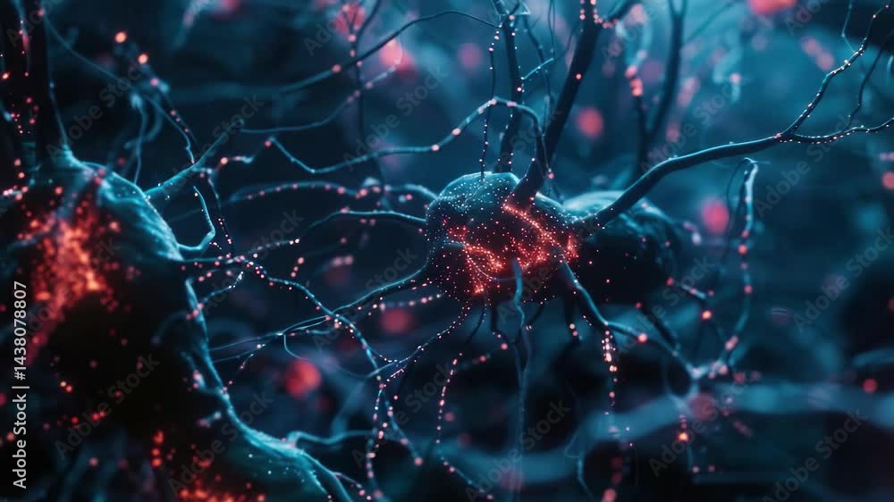 Poster the image is a close up of a brain with many neurons. the neurons are glowing red and blue, giving t