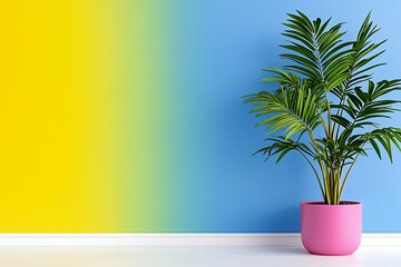 Obraz premium Pink Potted Palm Plant Against Yellow and Blue Ombre Wall