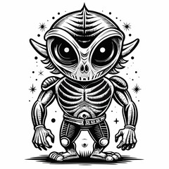 Fototapeta premium Retro Alien Character with Big Eyes and Cosmic Design in Vintage Black and White Style