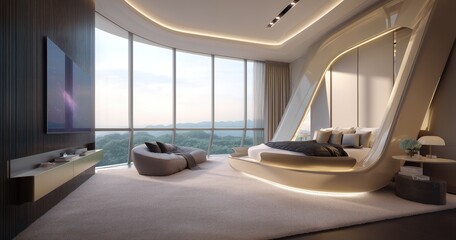 Chambre au design avant-gardiste et futuriste avec baie vitrée gigantesque offrant un panorama extérieur époustouflant et un confort intérieur lumineux et magique.