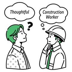 Two Thinking Men, Question Mark, Hard Hat, Side View, Green Hair, Outlined, Line Art