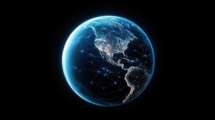 Globe with Connectivity Icon Earth with network icon and connecting lines, blue and white colors, dark background, represents global connectivity