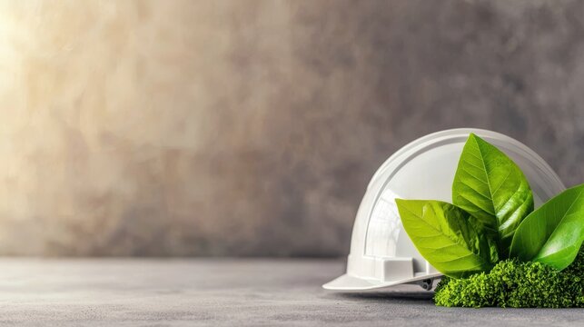 hardhat Environmental Safety Close up of a hardhat with a green leaf design, symbolizing eco friendly construction practices - Powered by Adobe