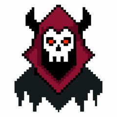 Fototapeta premium Pixel Art Hooded Skull with Horns 8 Bit Retro Gaming Character Icon