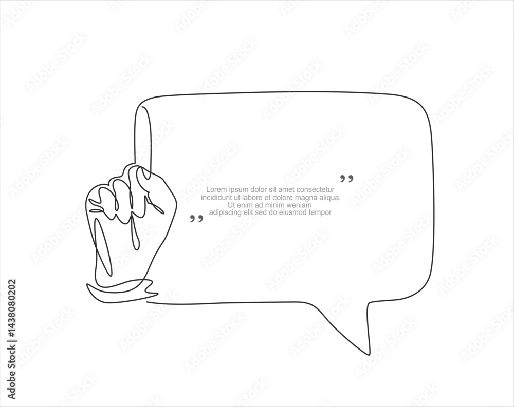 Poster continuous one line drawing of hand showing something with index finger and speech bubble. trendy li