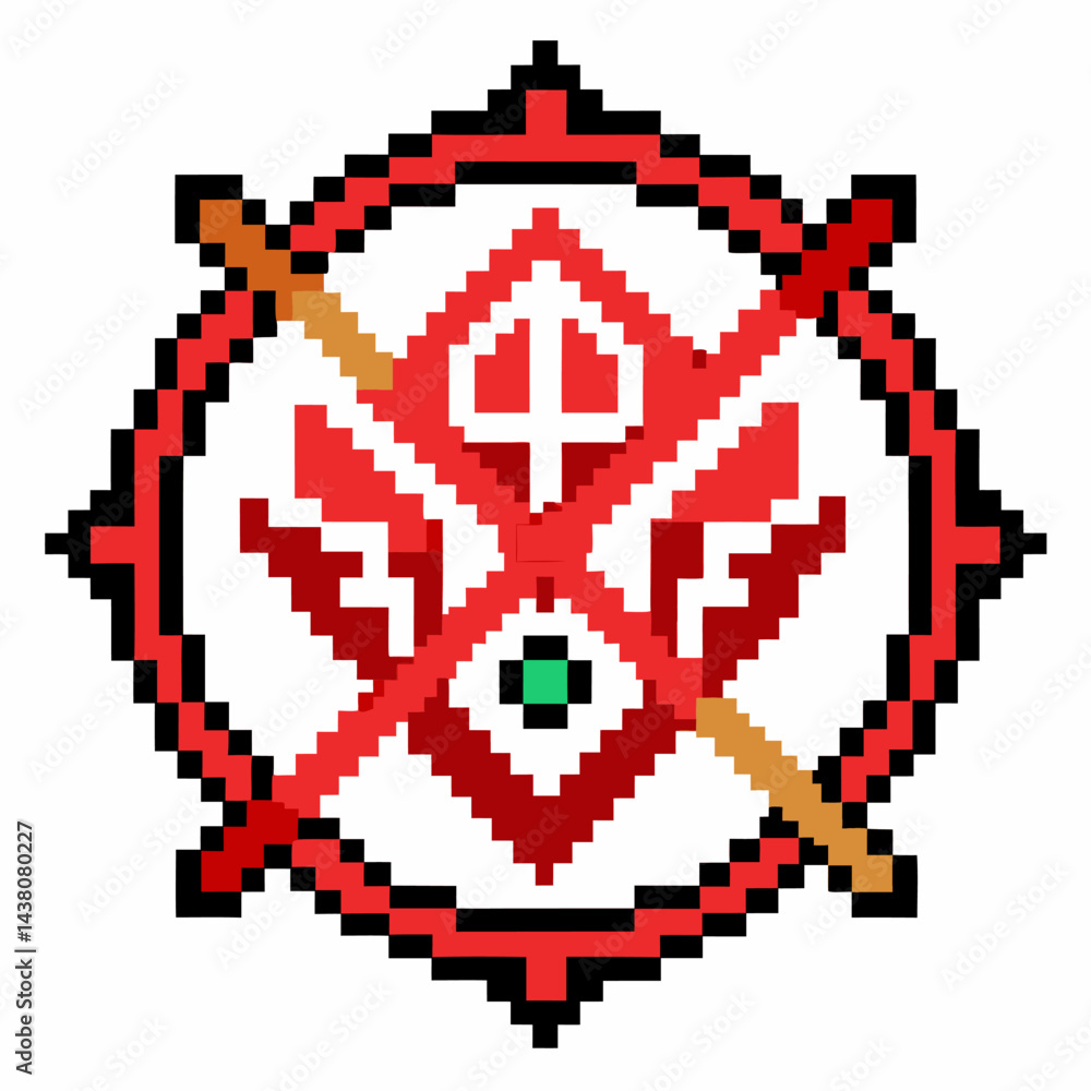 Poster Pixel Art Red Geometric Design with Swords in a Circular Pattern