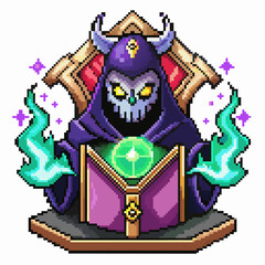 Pixel Art Sorcerer with Glowing Book and Green Magic Flames