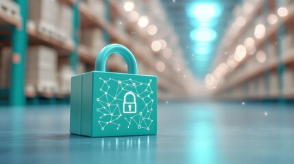 Warehouse Security and Cybersecurity Secure network interface with lock icon, protecting warehouse data and systems